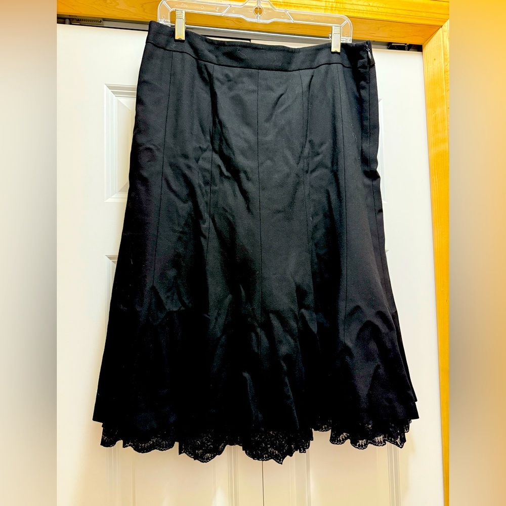 LOFT Black Midi A-Line Skirt with Lace Trim